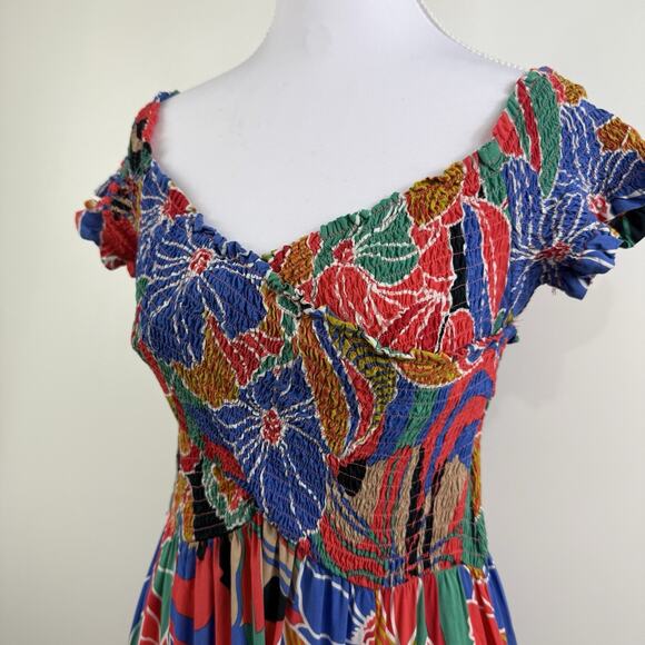 Aakaa Tropical Floral Print Smocked Maxi Dress Small Off The Shoulder Beachy - Picture 8 of 16